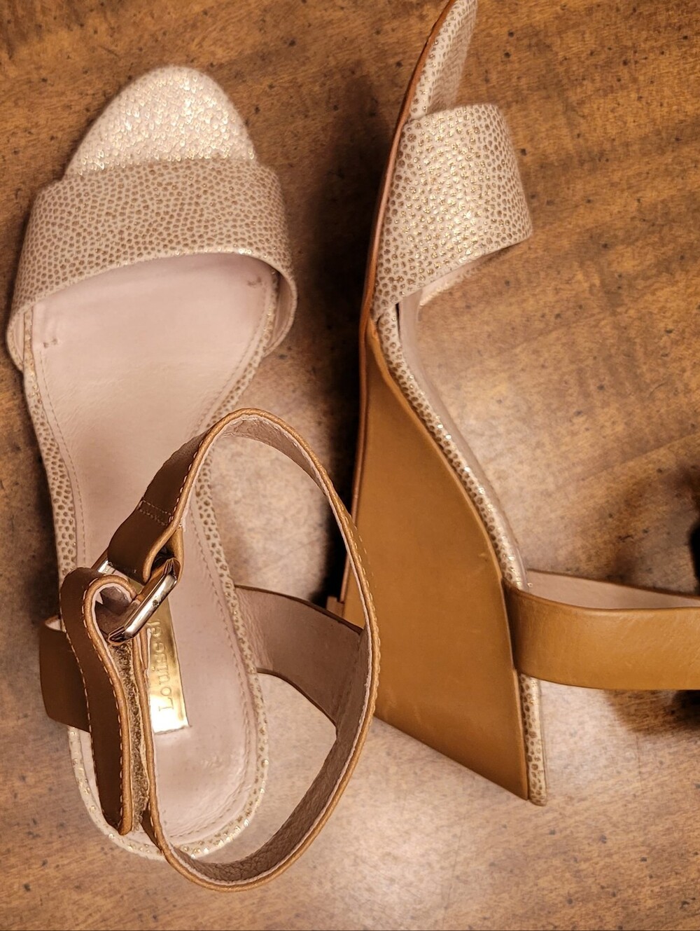 Wedge Sandals With Leather Covered Heels and Leather Ankle Straps  Gold Accents